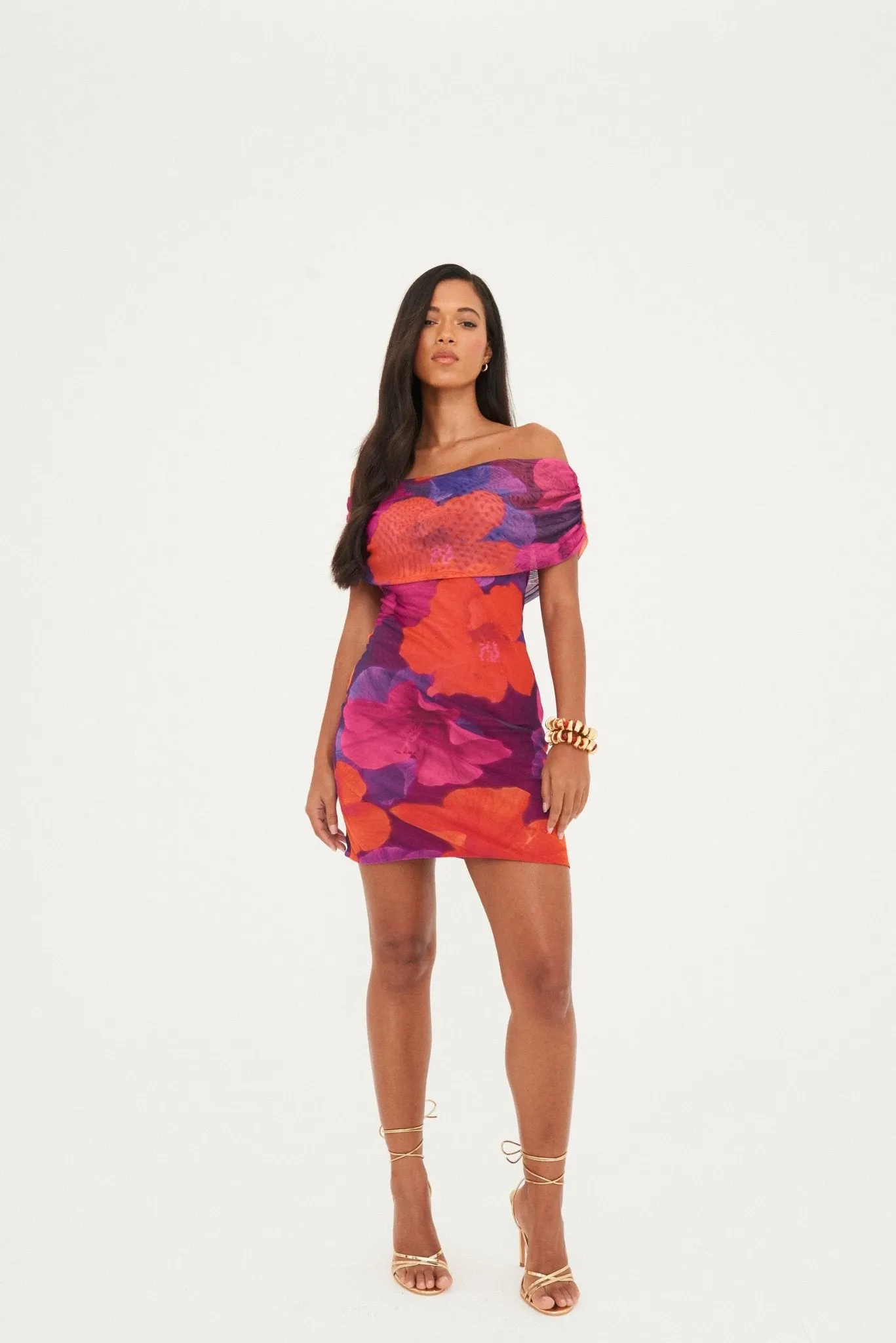 ABSTRACT MESH RUCHED MINI DRESS