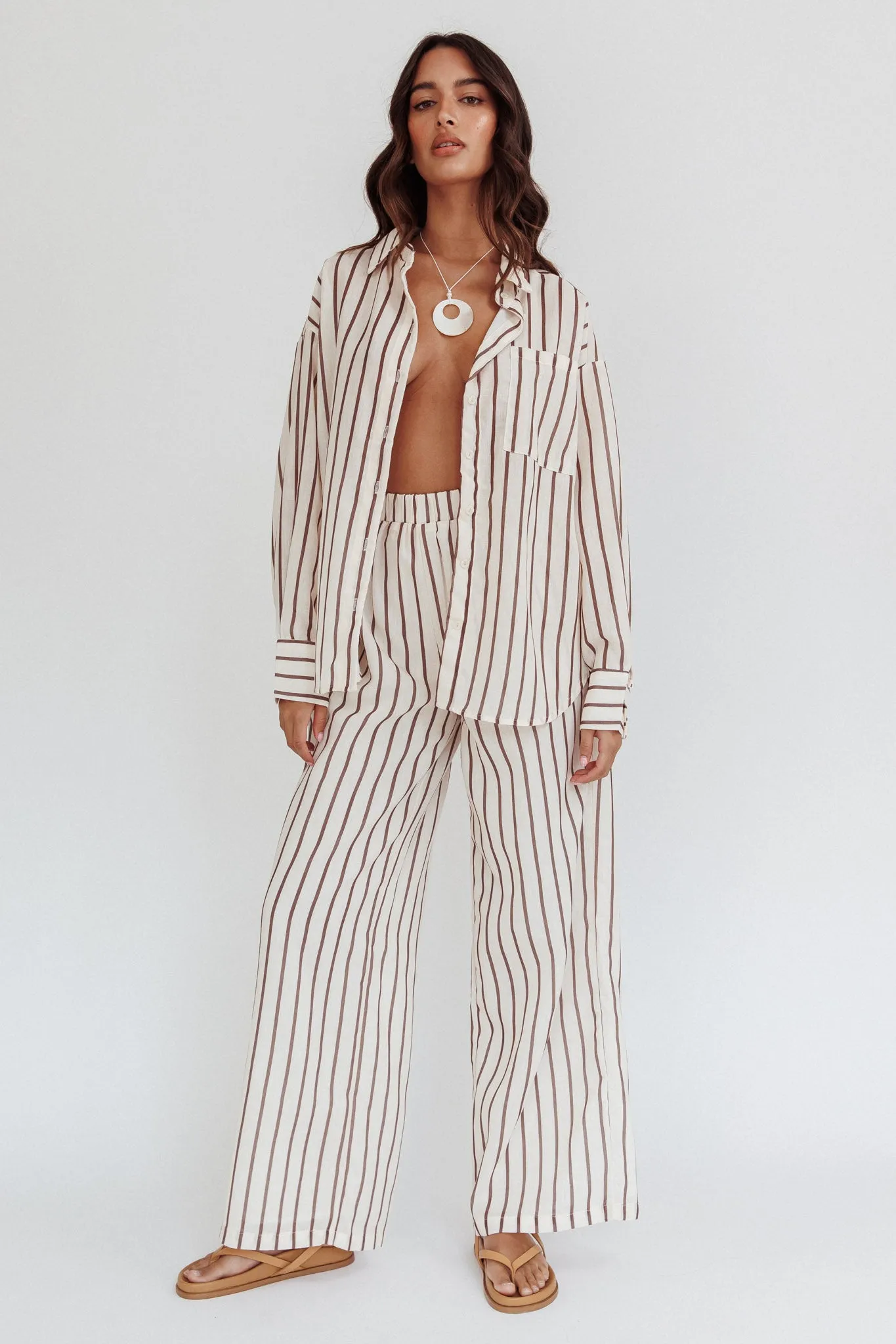 Alex Elastic Waist Pants Stripe Latte