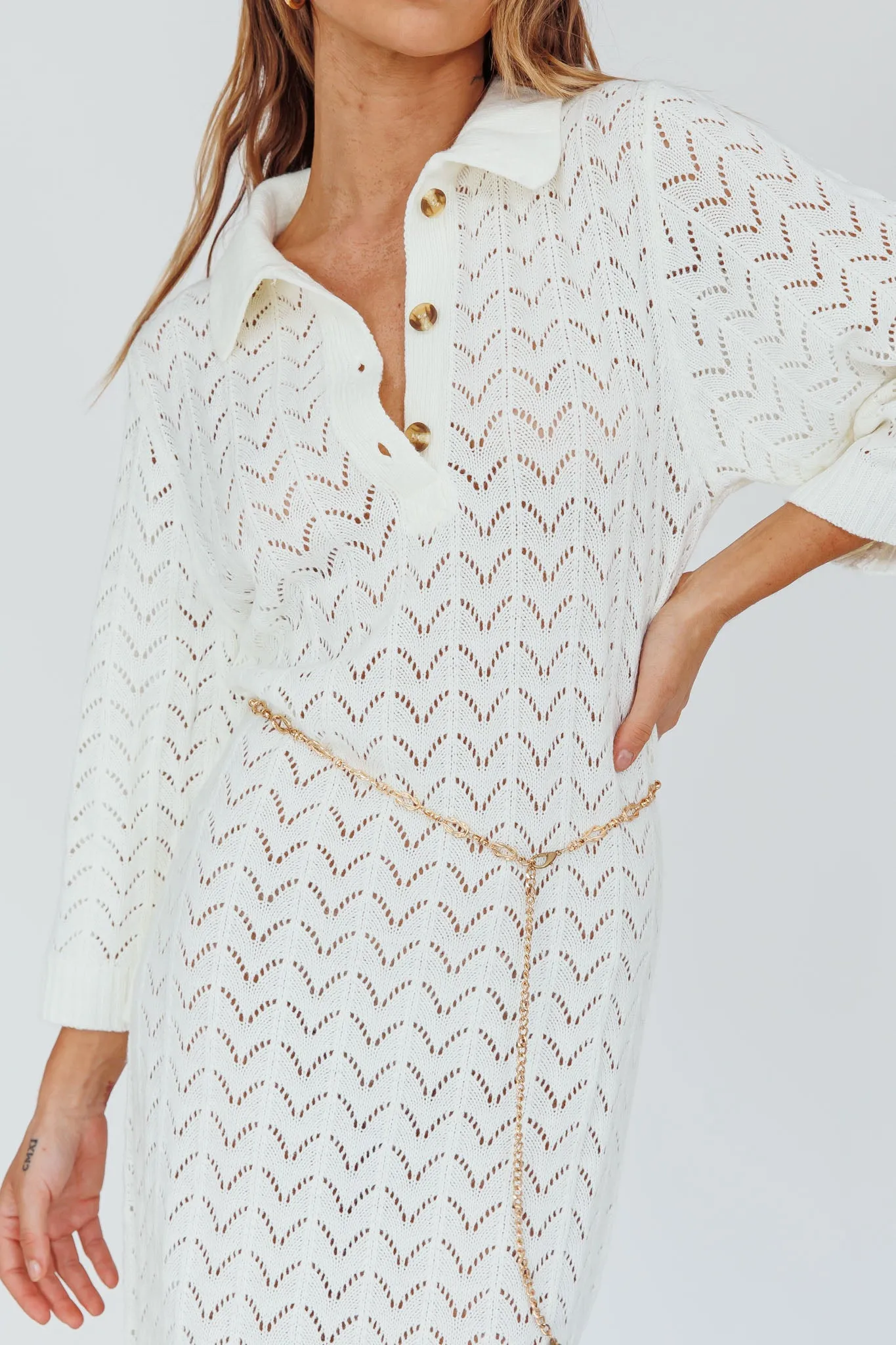 Alouette 3/4 Sleeve Crochet Midi Dress Cream