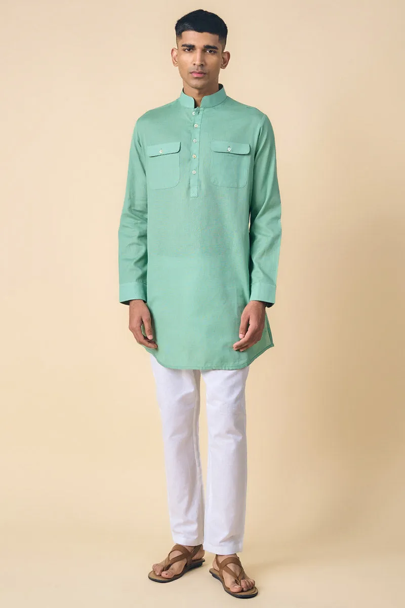 Aqua Kurta With Patch Pocket Detailing