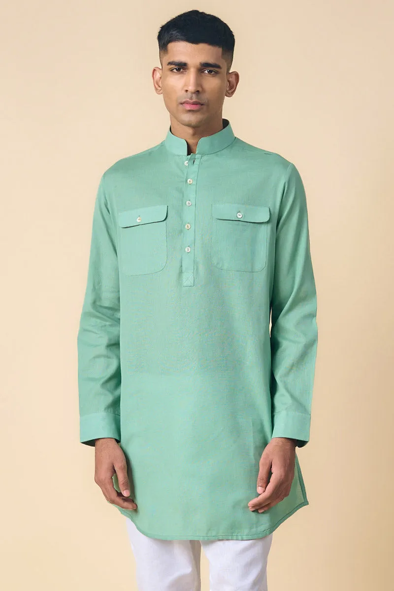 Aqua Kurta With Patch Pocket Detailing