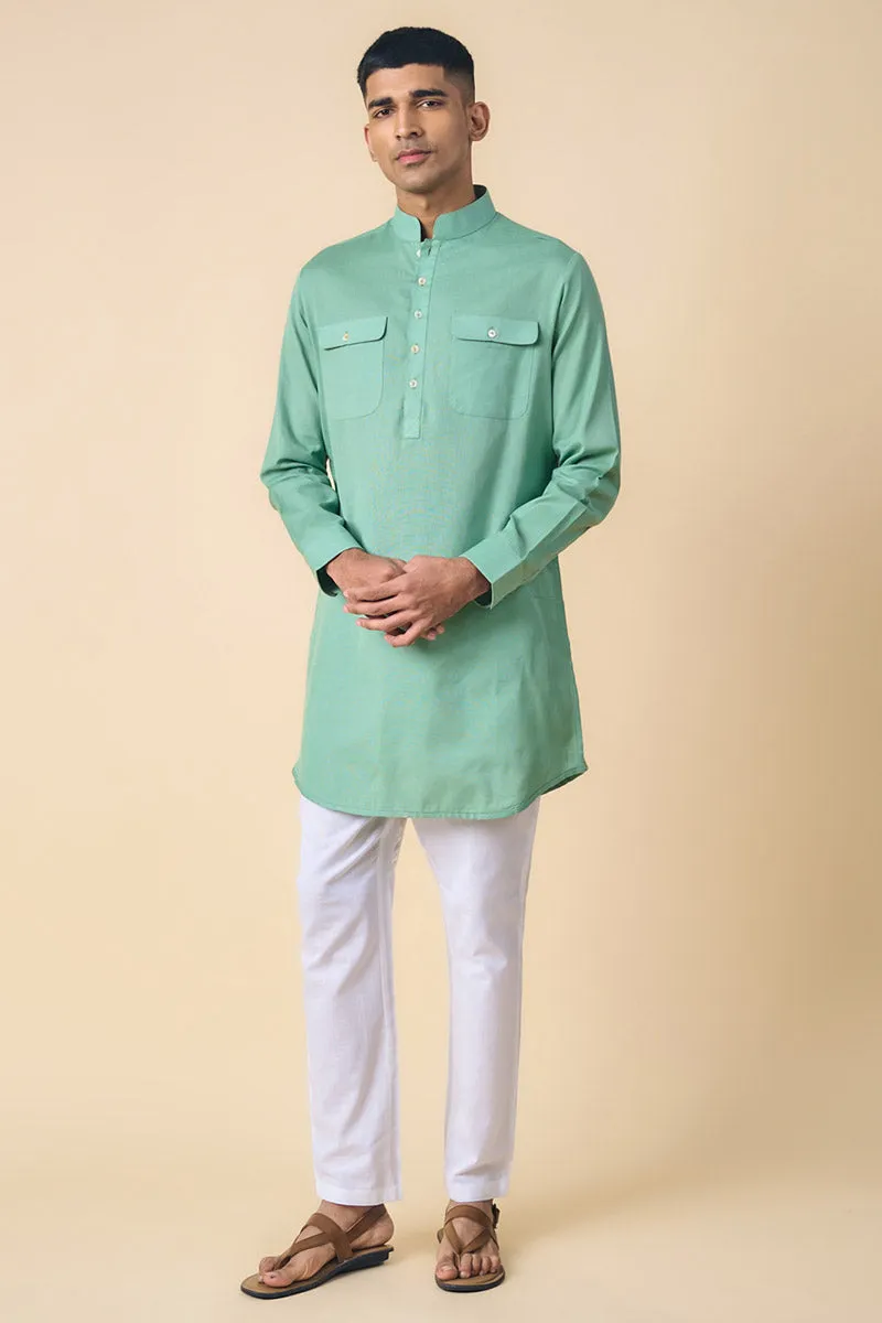 Aqua Kurta With Patch Pocket Detailing