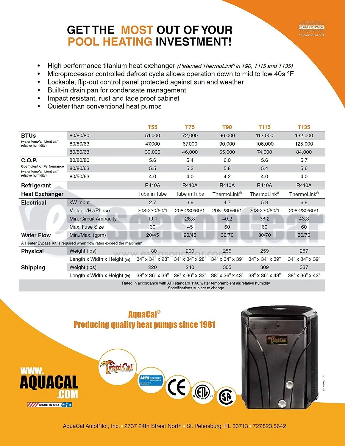 AquaCal TropiCal T135 Heat Pump 132,000 BTU, T135AHDSBTB, 1 phase 60 HZ, 220V R410A