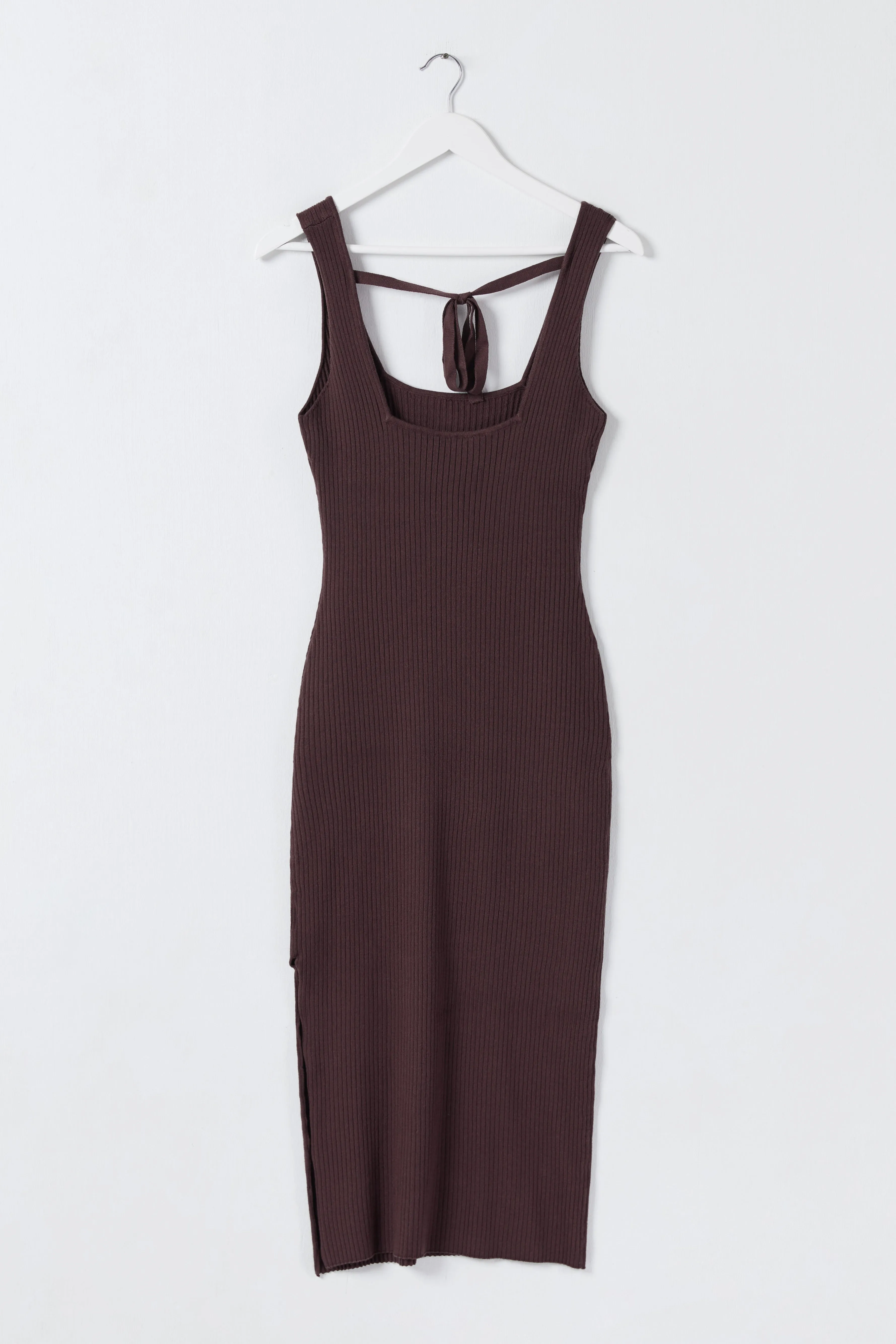 Aries Cocoa Square Neck Tie Back Rib Knit Midi Tank Dress