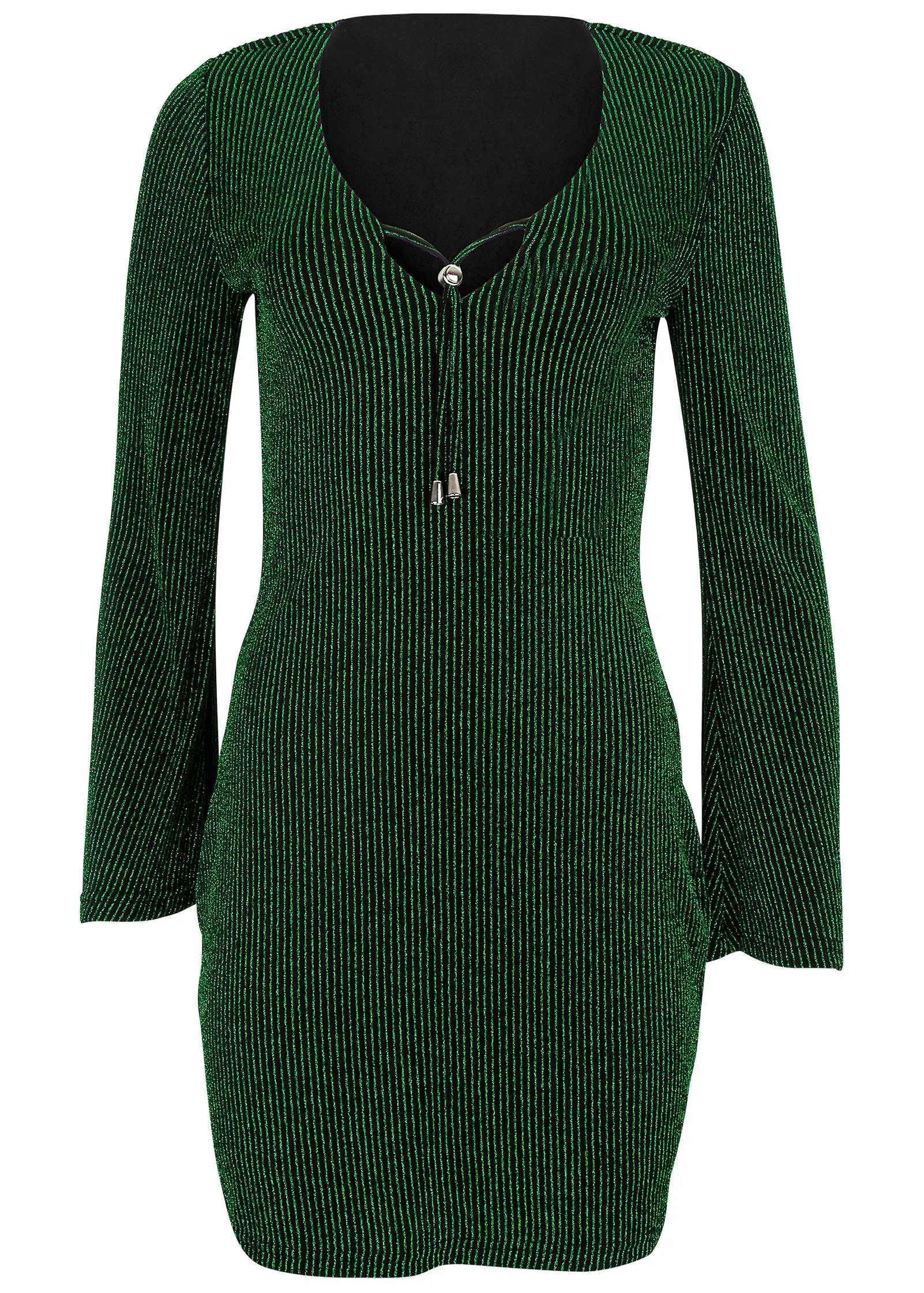 Bell Sleeve Shimmer Mini Dress - Black & Green Stripe