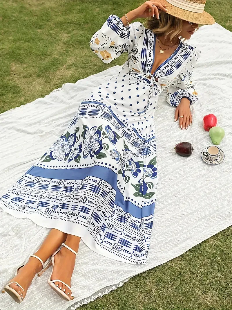 BerryBetty - Boho Lantern Sleeve Floral Print V Neck Dress