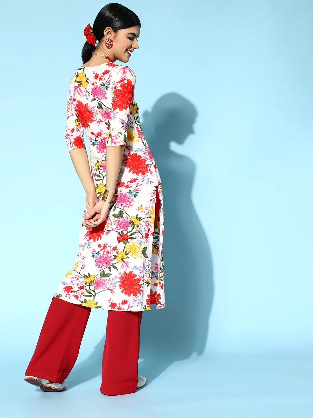 Berrylush Women White & Red Floral Printed Keyhole Neck Side-Slited Straight Calf Length Kurta