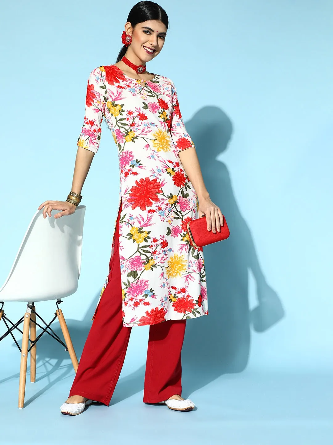 Berrylush Women White & Red Floral Printed Keyhole Neck Side-Slited Straight Calf Length Kurta