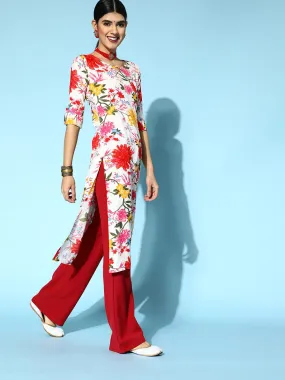 Berrylush Women White & Red Floral Printed Keyhole Neck Side-Slited Straight Calf Length Kurta