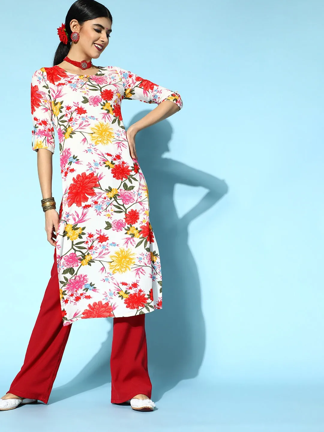 Berrylush Women White & Red Floral Printed Keyhole Neck Side-Slited Straight Calf Length Kurta