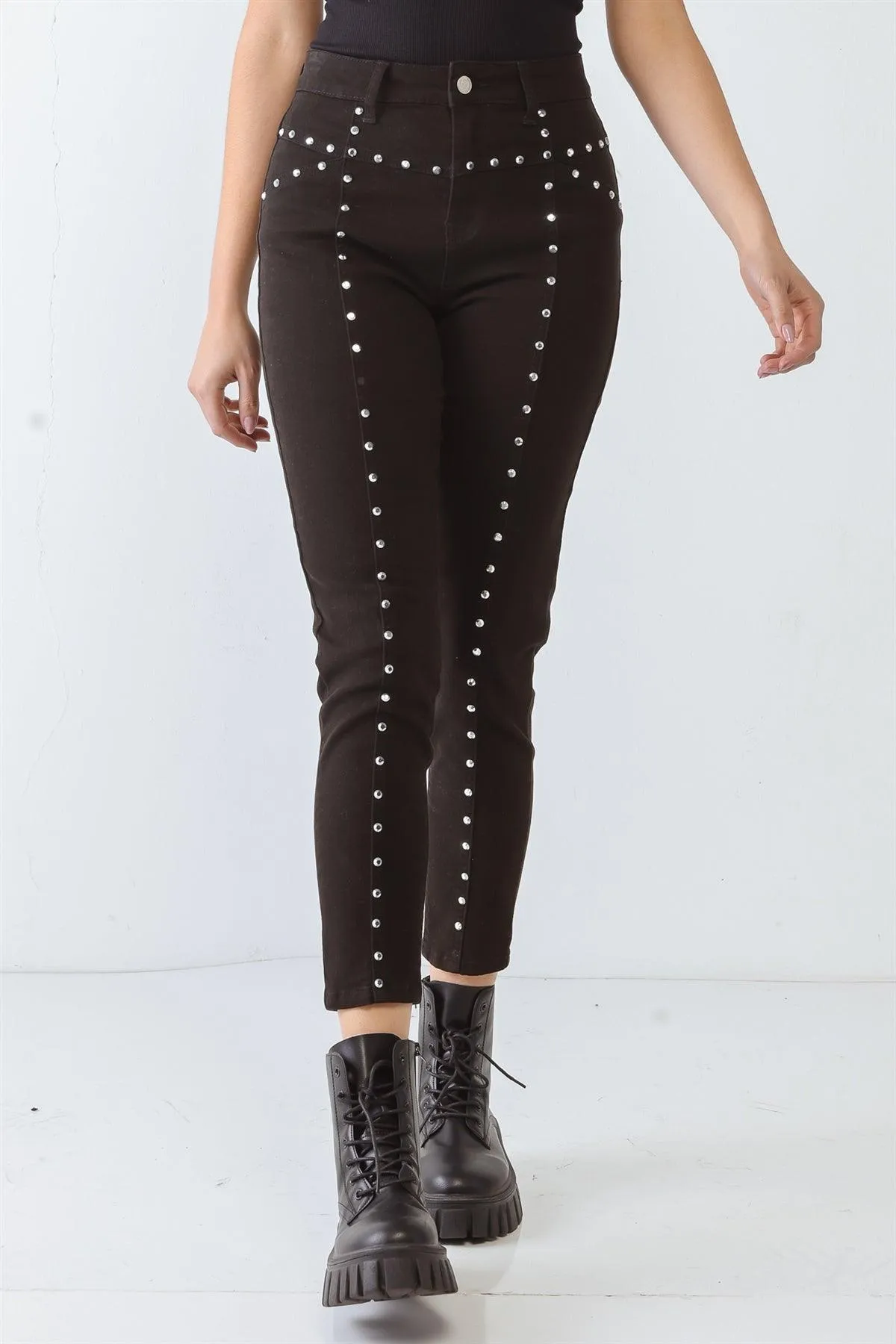 Black Cotton Skinny Rivet Two Pocket High Waist Pants