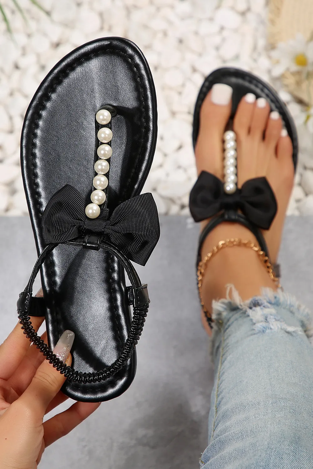 Black Cute Bowknot Pearl Embellished T Strap Sandals