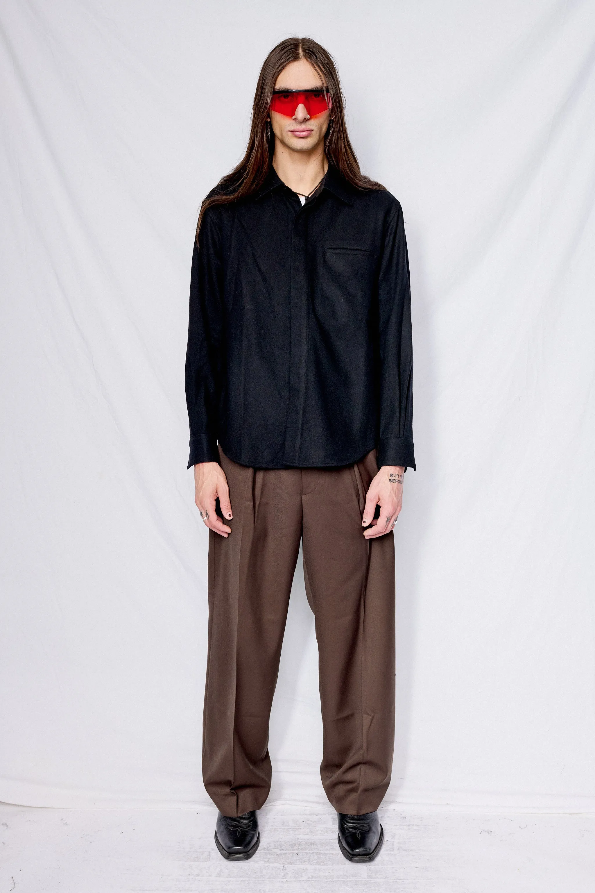 Black Virgin Wool Hidden Placket Shirt