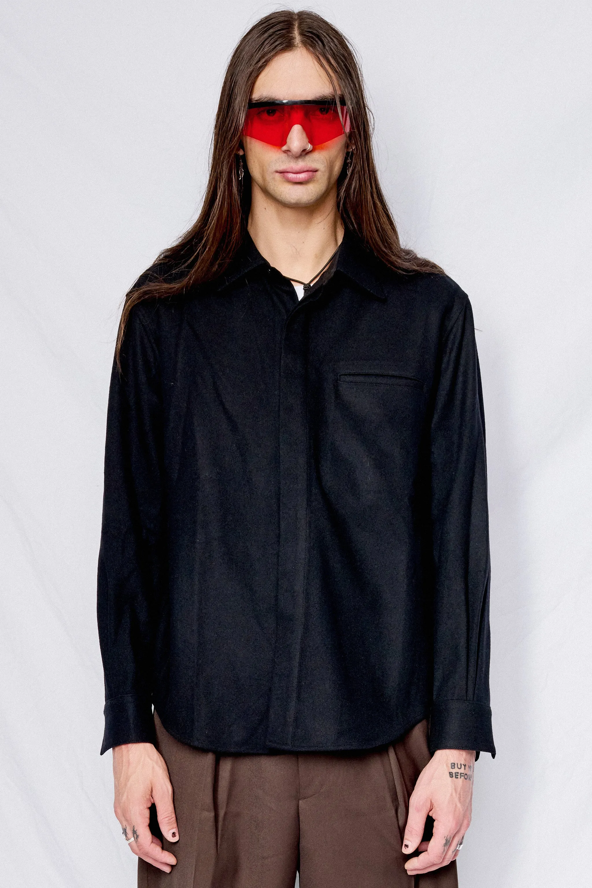 Black Virgin Wool Hidden Placket Shirt