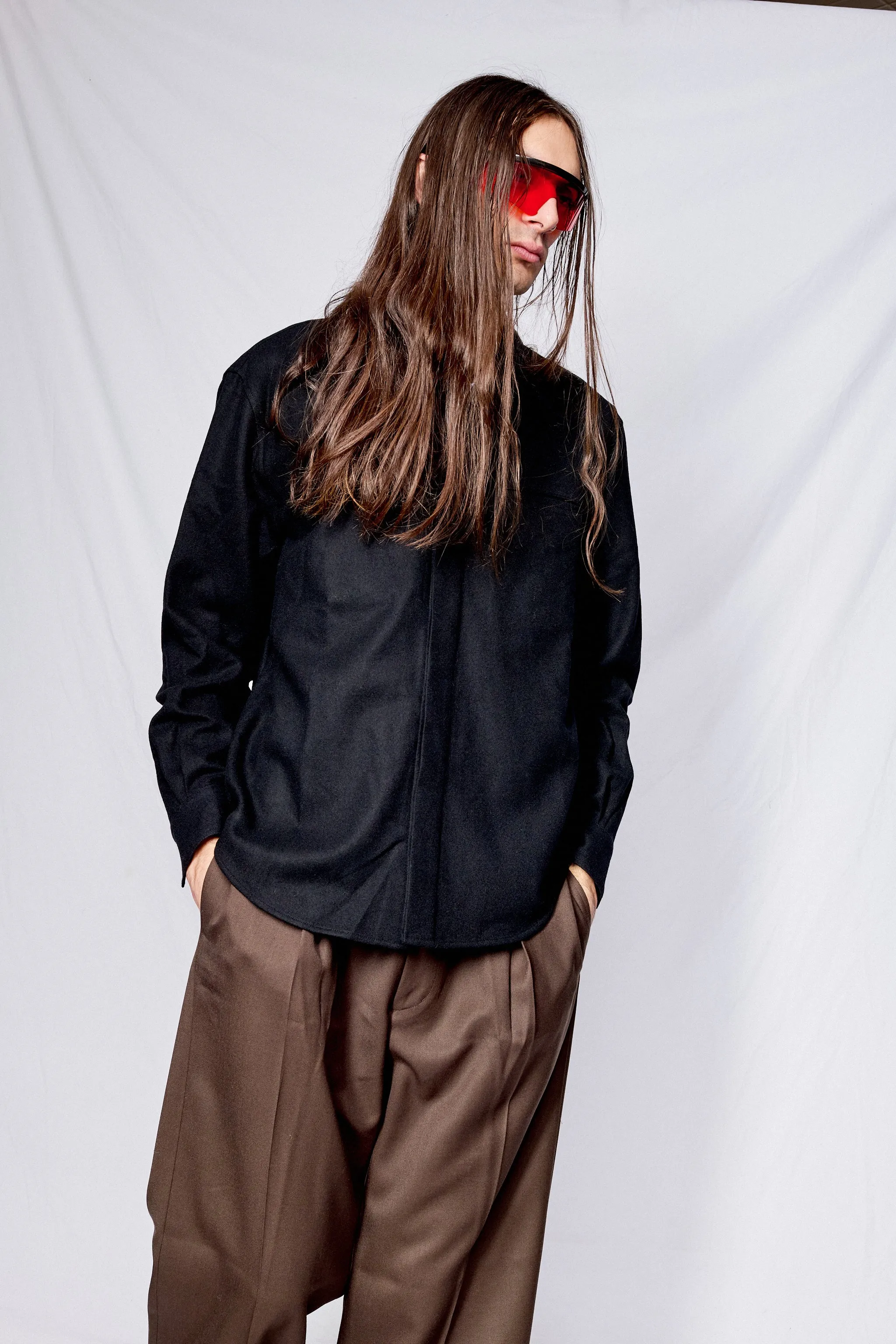 Black Virgin Wool Hidden Placket Shirt