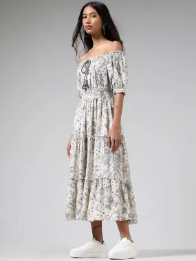 Bombay Paisley Off White Floral Printed Blended Linen Off-Shoulder Dress