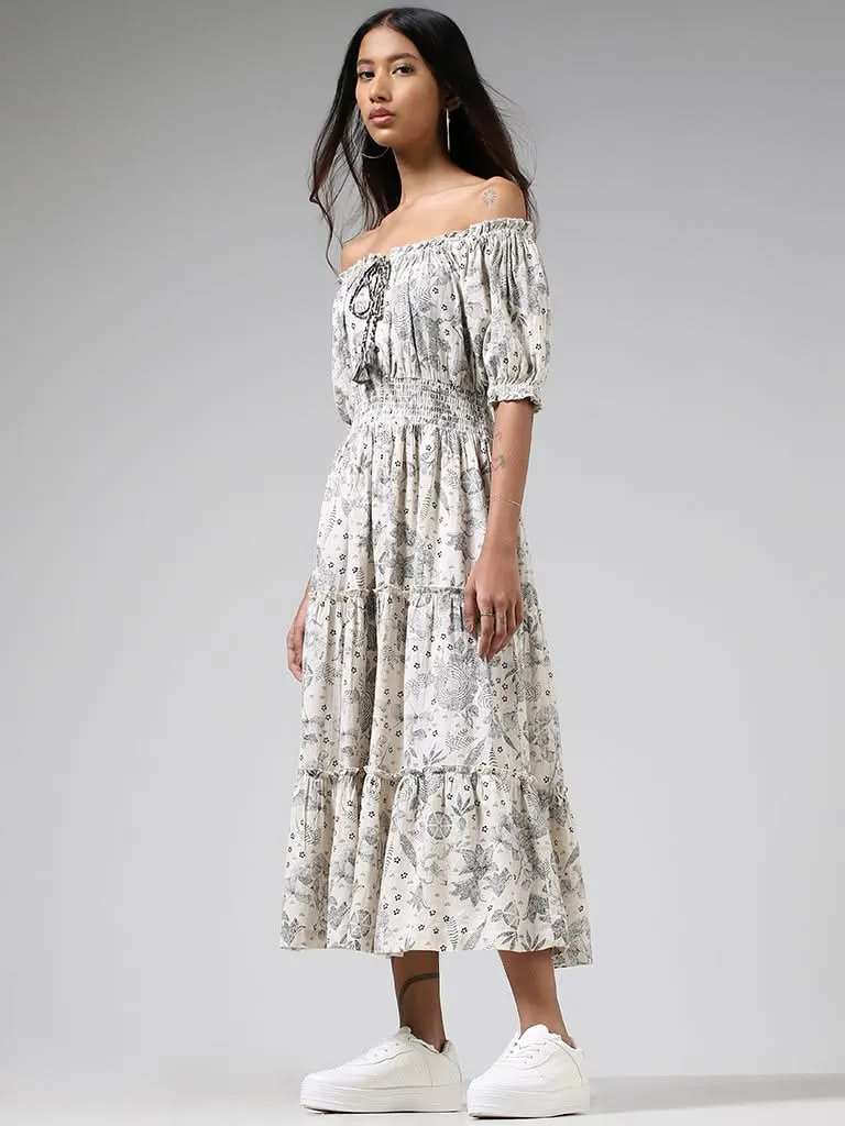 Bombay Paisley Off White Floral Printed Blended Linen Off-Shoulder Dress