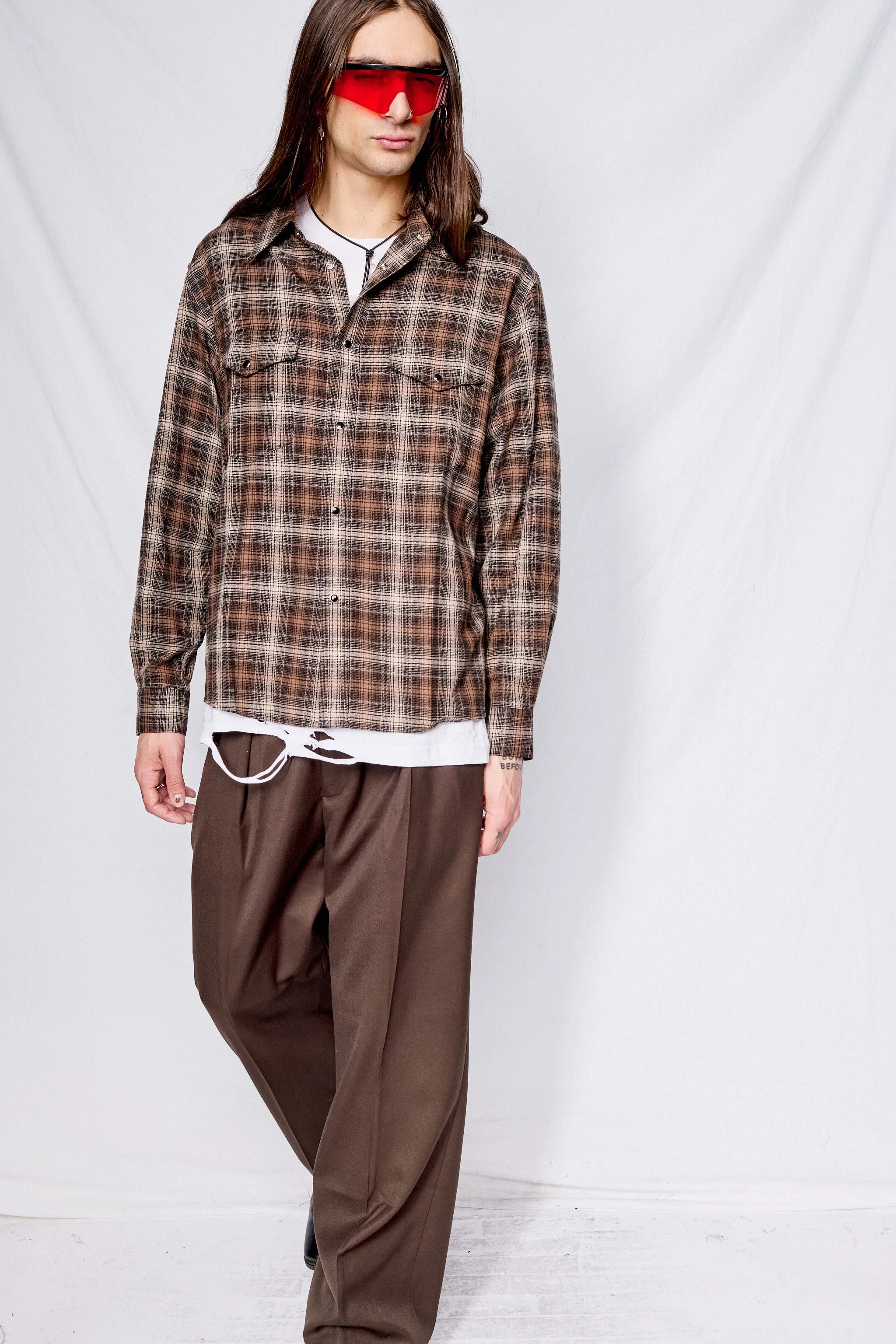 Brown Brushed Cotton Double Pocket Check Shirt