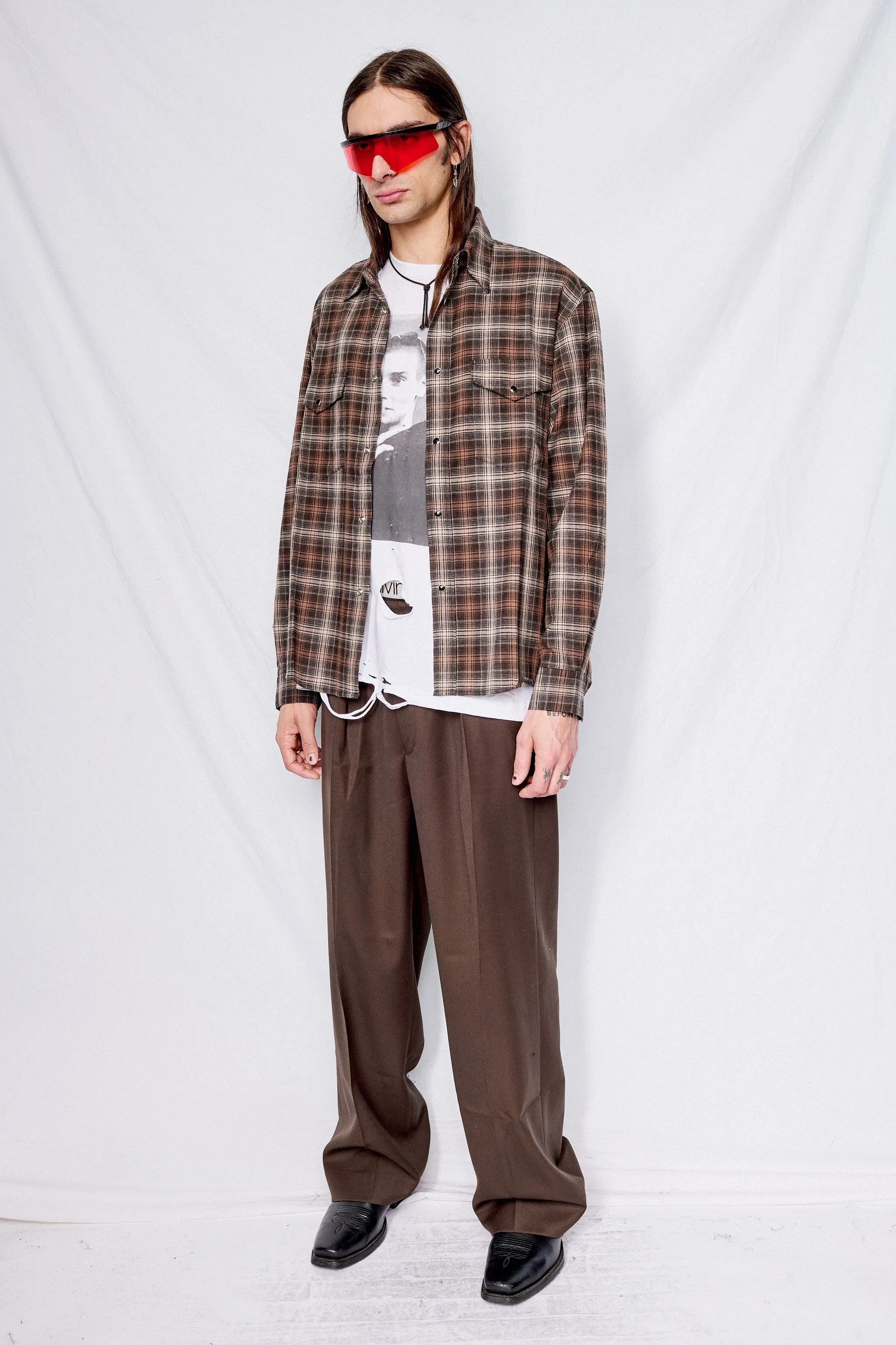 Brown Brushed Cotton Double Pocket Check Shirt