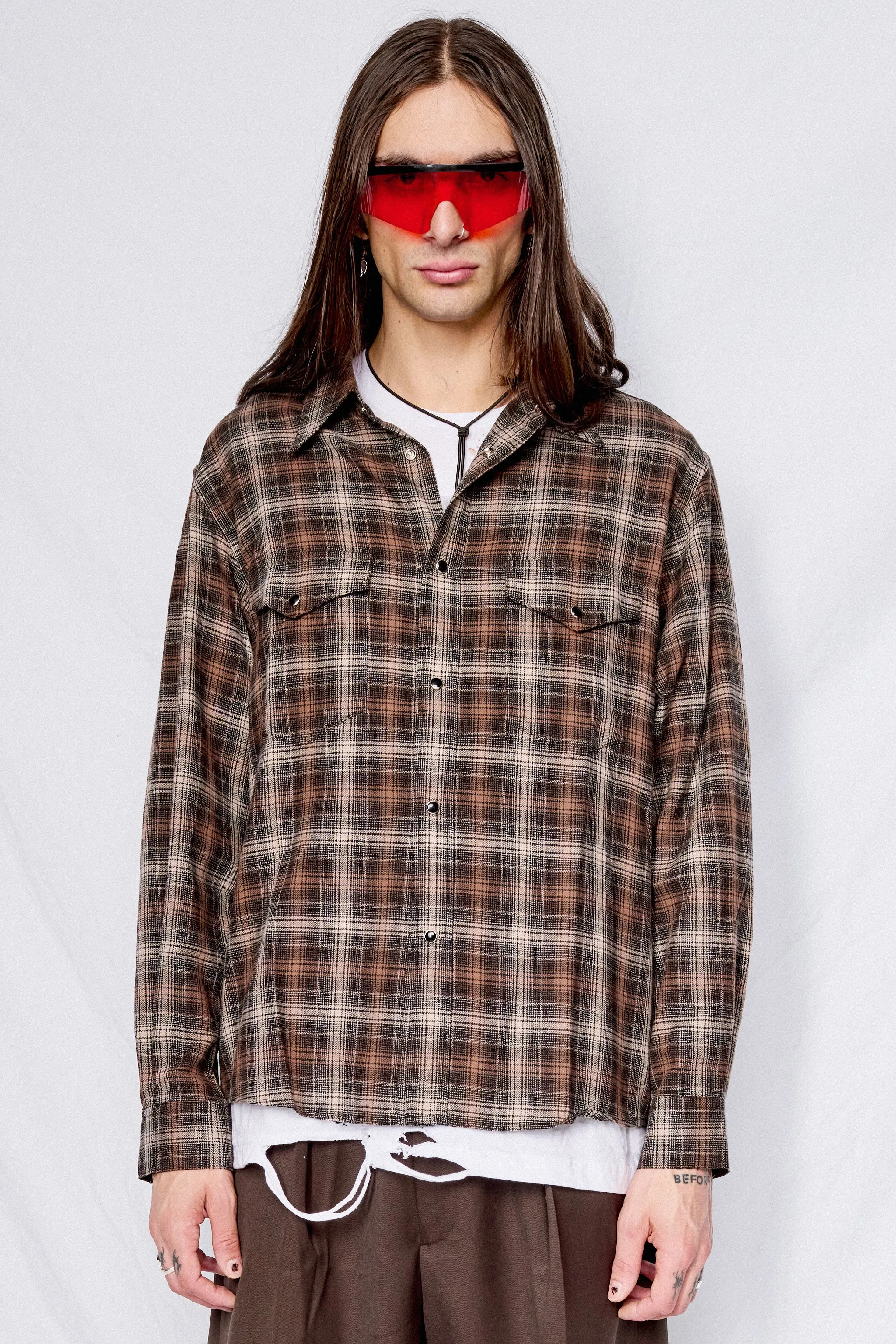 Brown Brushed Cotton Double Pocket Check Shirt