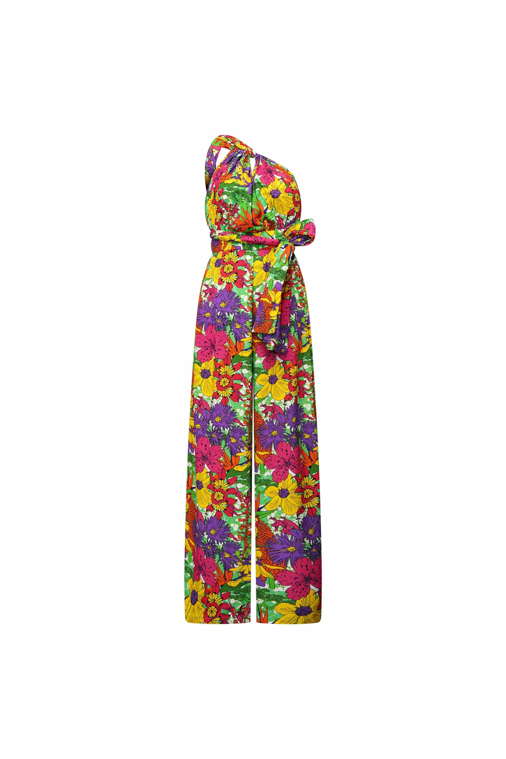 Chinwe Wide Leg Infinity Jumpsuit with Adjustable Straps - Green Pink Yellow Garden Mosaic | ILC OA OG