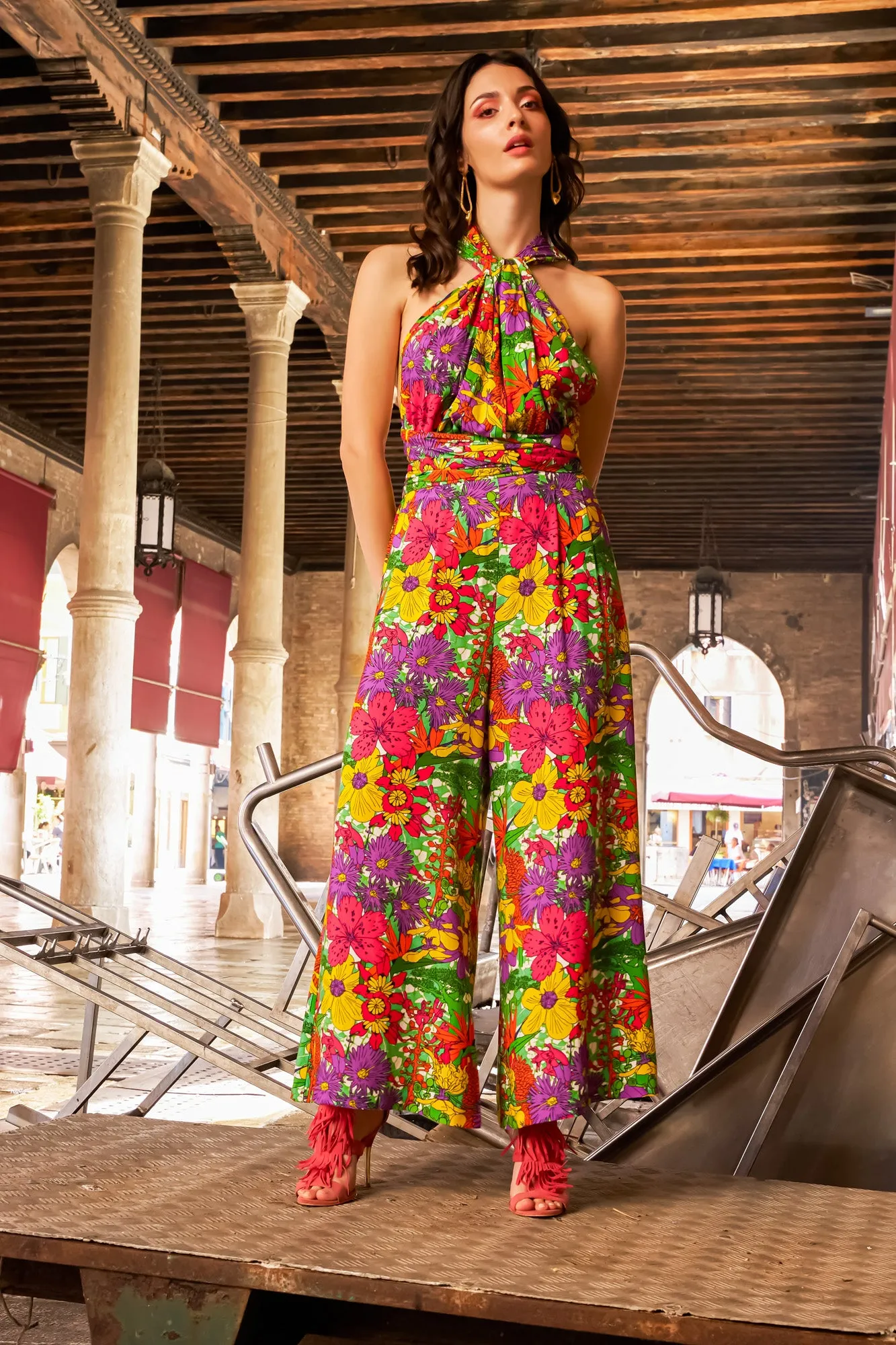 Chinwe Wide Leg Infinity Jumpsuit with Adjustable Straps - Green Pink Yellow Garden Mosaic | ILC OA OG