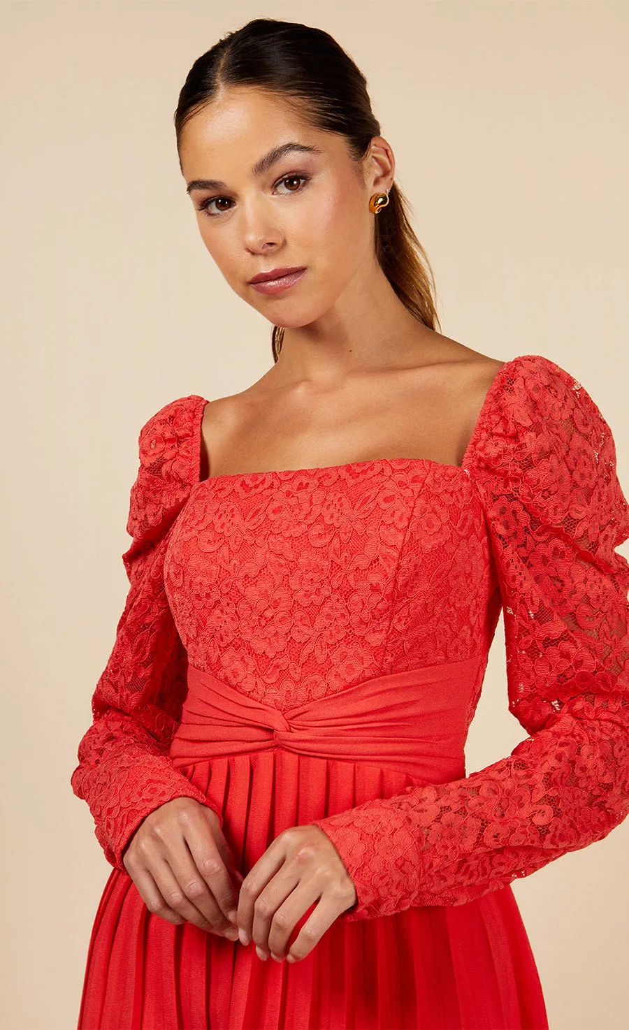 Coral Lace And Pleated Hem Midi Dress