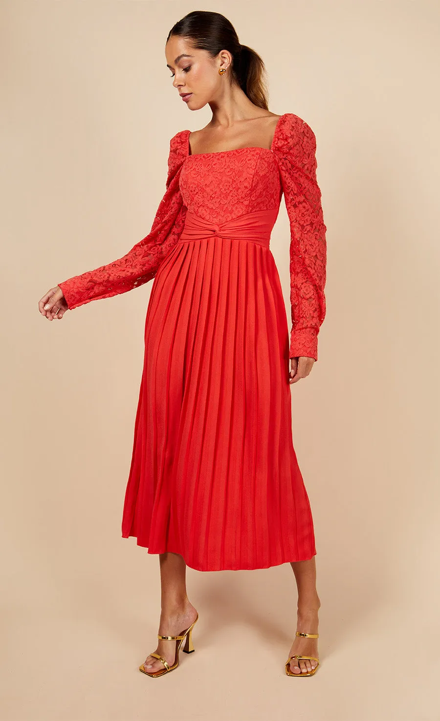 Coral Lace And Pleated Hem Midi Dress