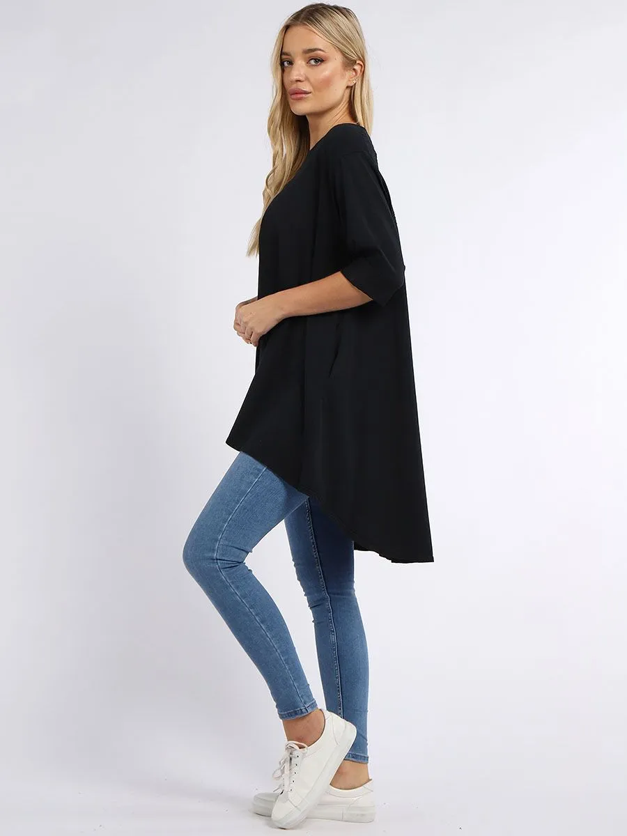 Crochet Back Cotton Tunic Top - Black