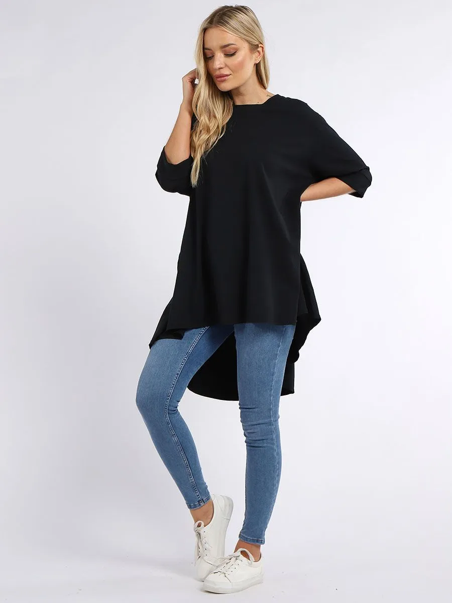 Crochet Back Cotton Tunic Top - Black