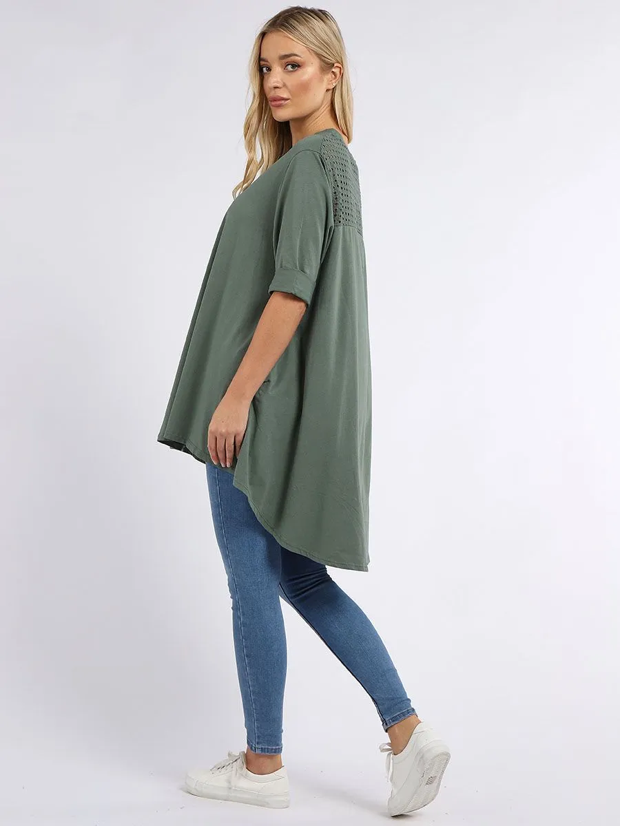 Crochet Back Cotton Tunic Top - Khaki