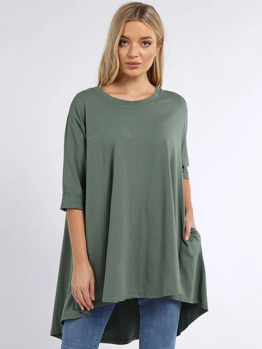 Crochet Back Cotton Tunic Top - Khaki