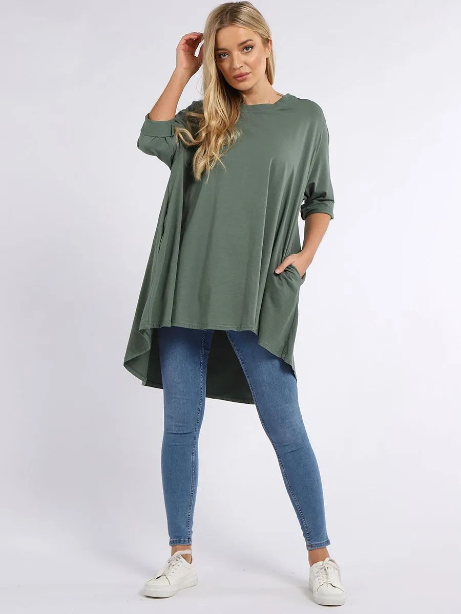 Crochet Back Cotton Tunic Top - Khaki