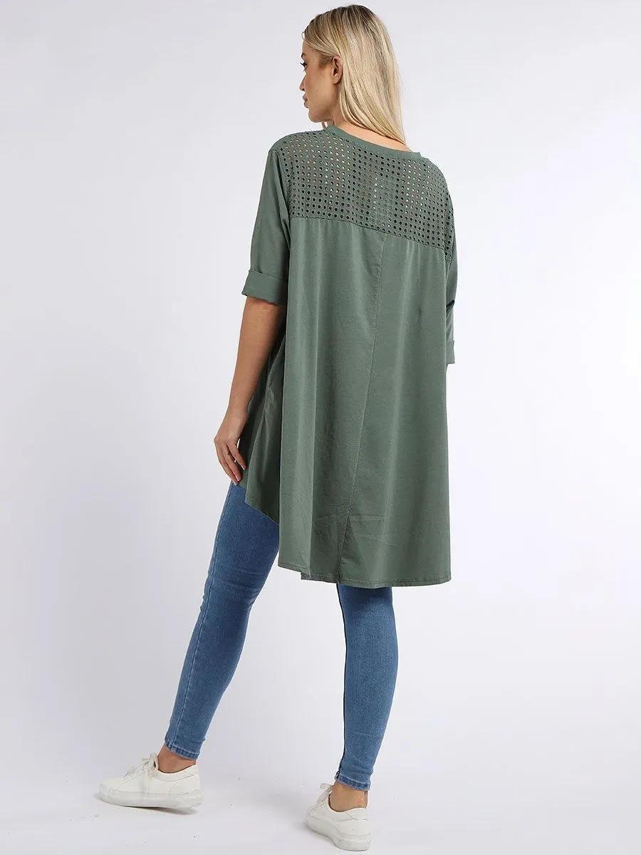 Crochet Back Cotton Tunic Top - Khaki