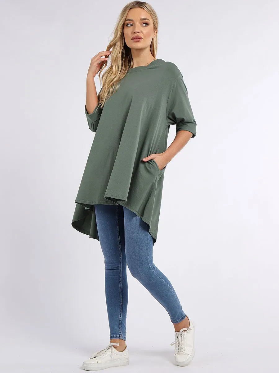 Crochet Back Cotton Tunic Top - Khaki