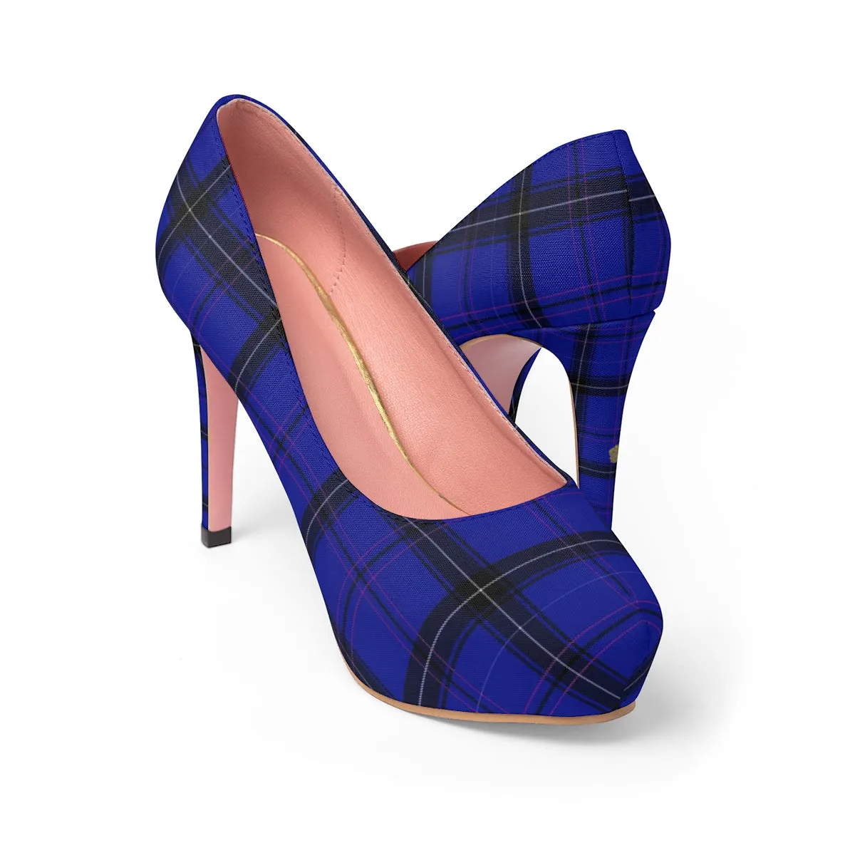 Dark Blue Tartan Scottish Plaid Print Women's Platform Heels Pumps (US Size: 5-11)