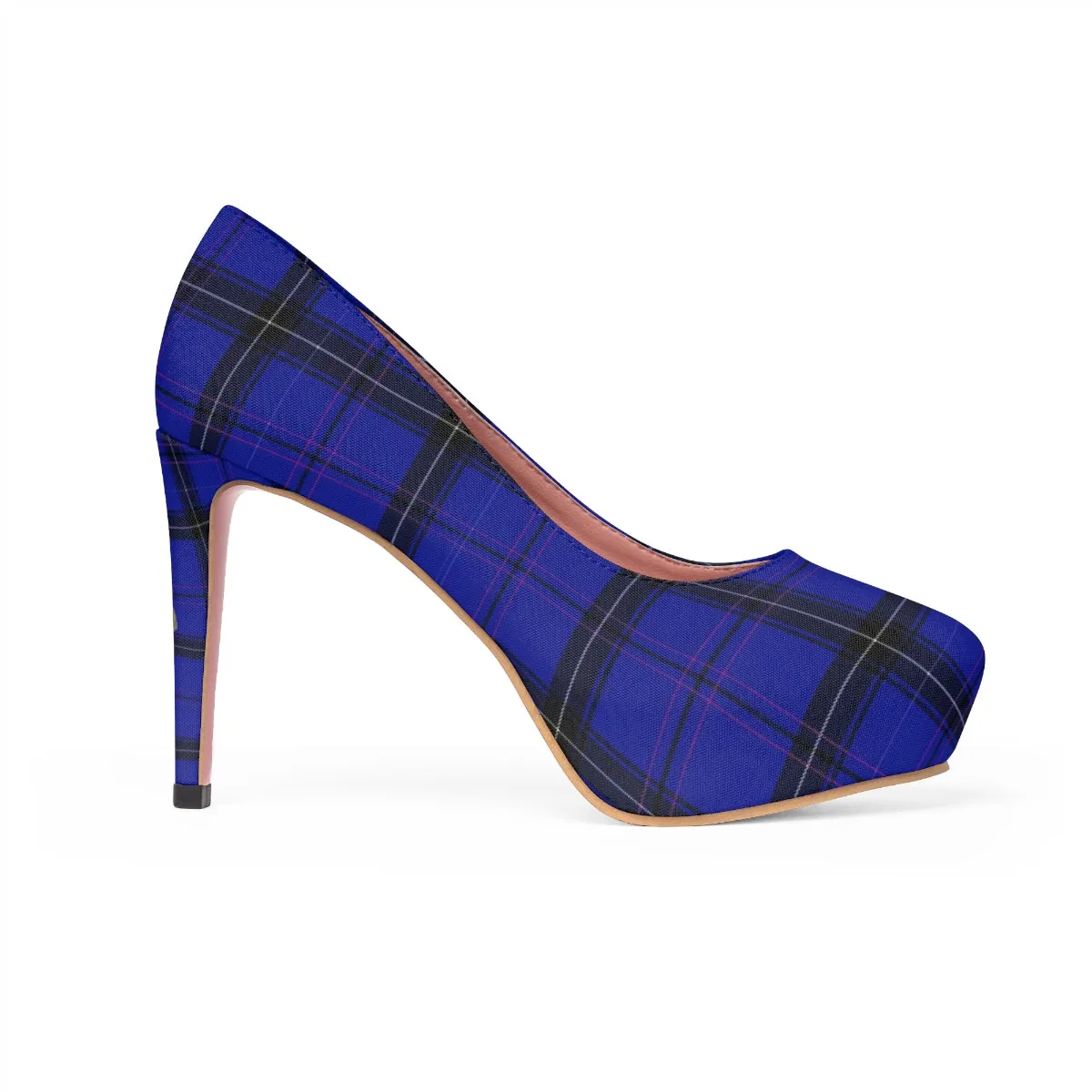 Dark Blue Tartan Scottish Plaid Print Women's Platform Heels Pumps (US Size: 5-11)