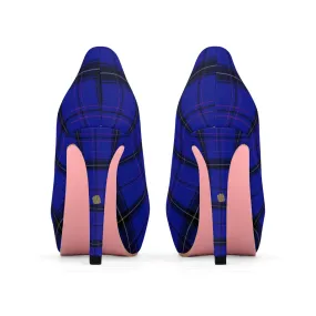 Dark Blue Tartan Scottish Plaid Print Women's Platform Heels Pumps (US Size: 5-11)