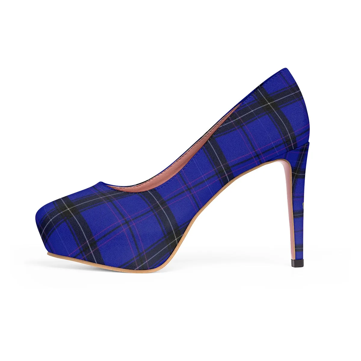 Dark Blue Tartan Scottish Plaid Print Women's Platform Heels Pumps (US Size: 5-11)