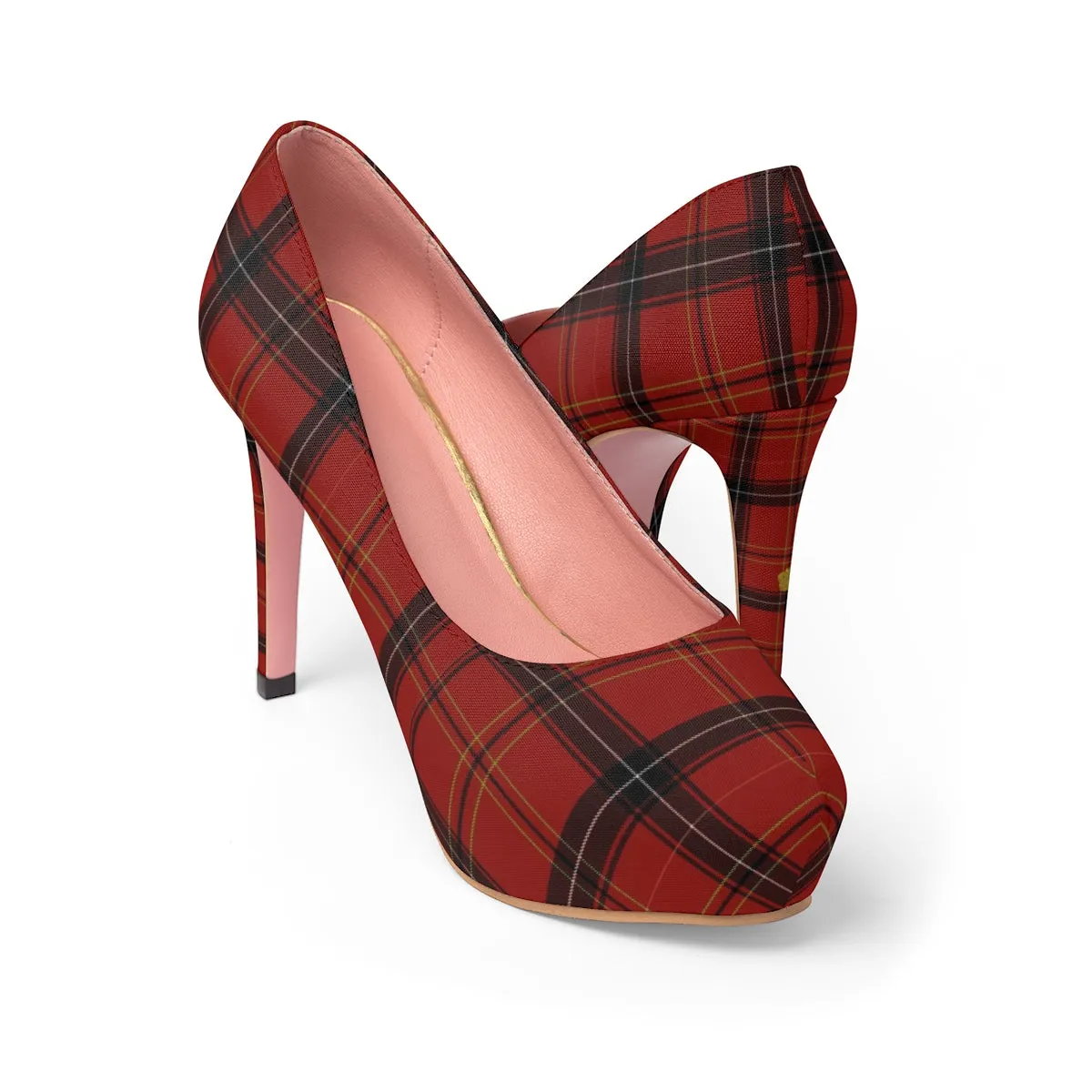 Dark Red Tartan Plaid Scottish Print Women's Platform Heels Pumps (US Size: 5-11)