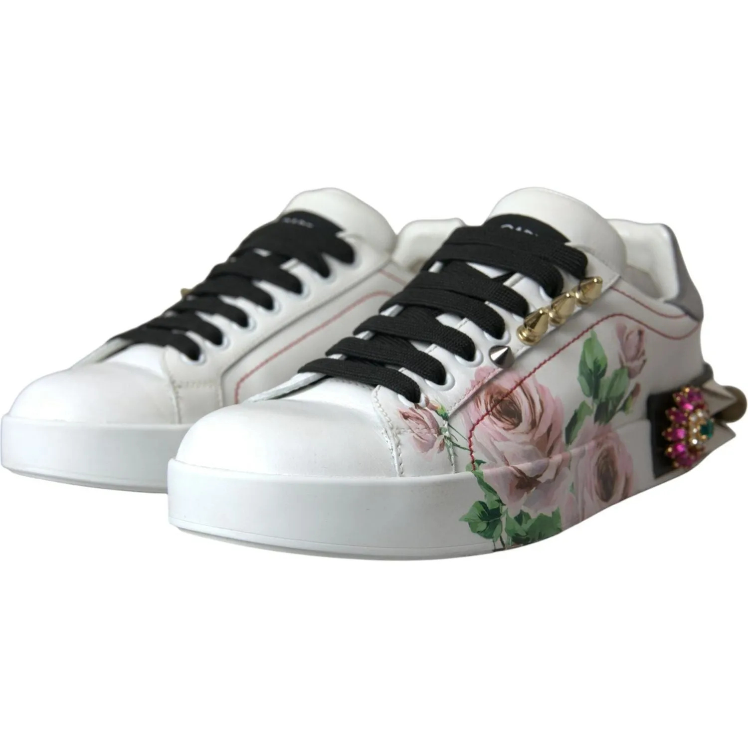 Dolce & Gabbana White Leather Crystal Roses Floral Sneakers Shoes