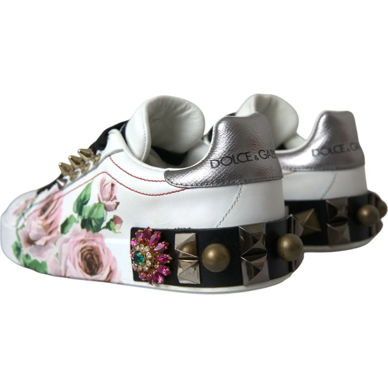 Dolce & Gabbana White Leather Crystal Roses Floral Sneakers Shoes