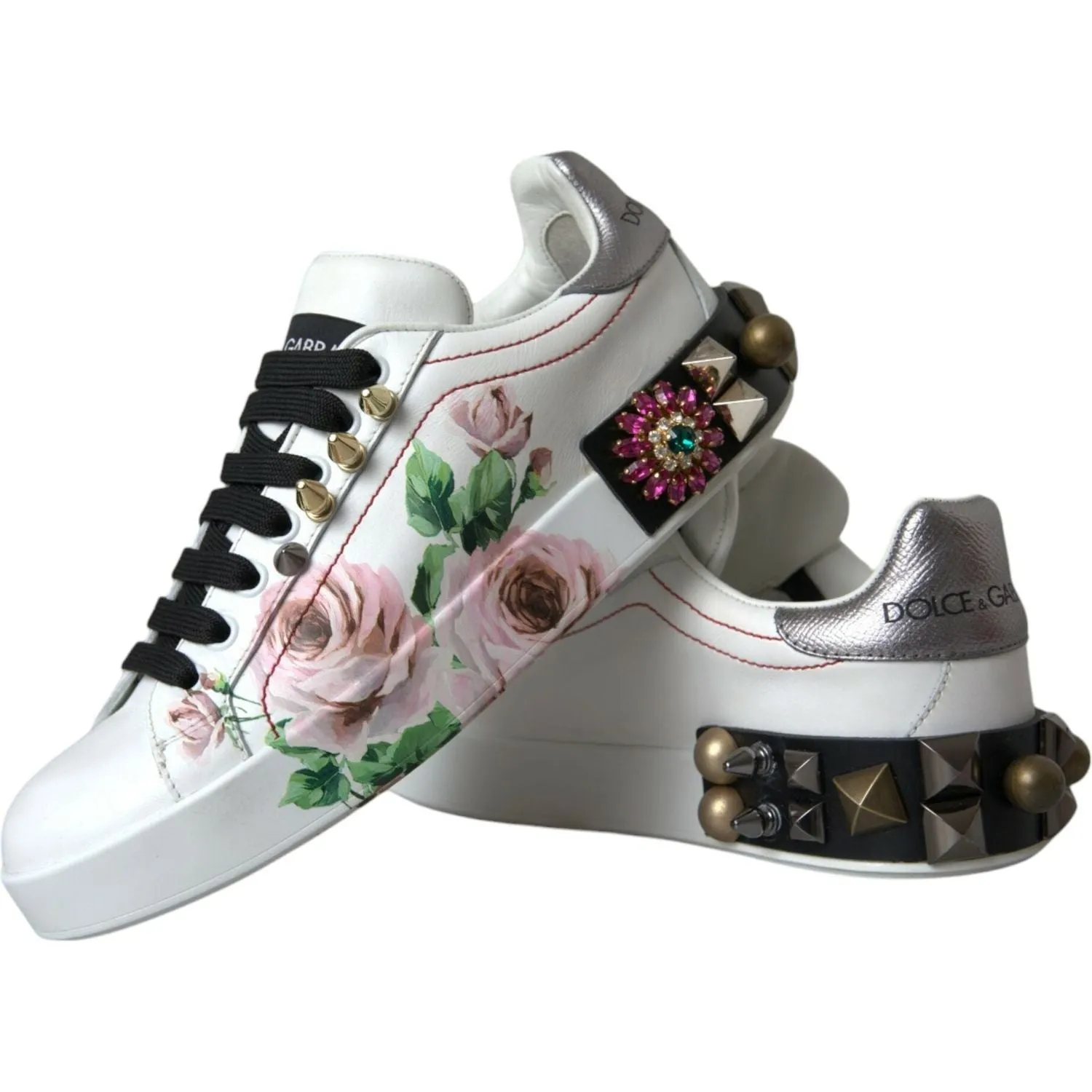 Dolce & Gabbana White Leather Crystal Roses Floral Sneakers Shoes