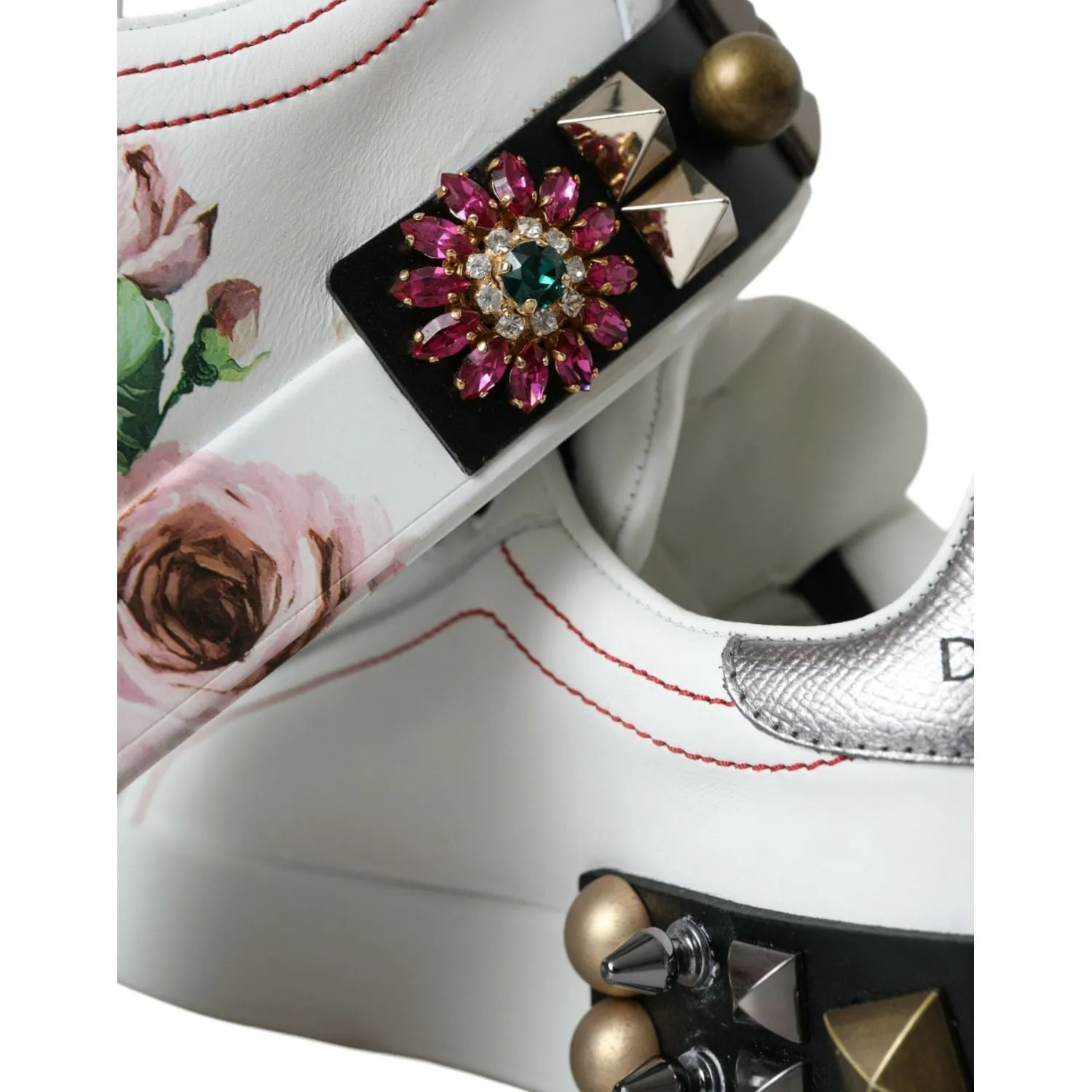 Dolce & Gabbana White Leather Crystal Roses Floral Sneakers Shoes