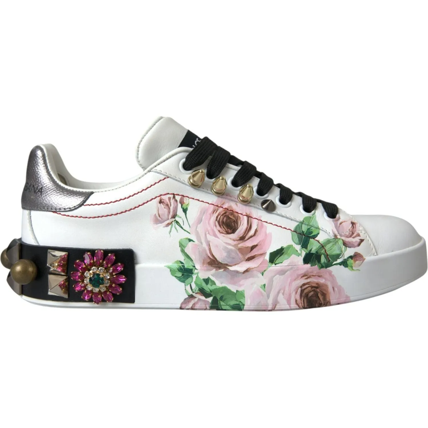 Dolce & Gabbana White Leather Crystal Roses Floral Sneakers Shoes