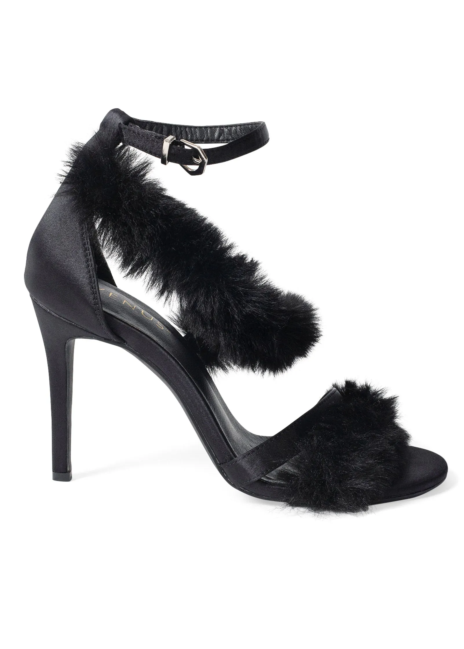 Faux-Fur High Heel Sandals - Black