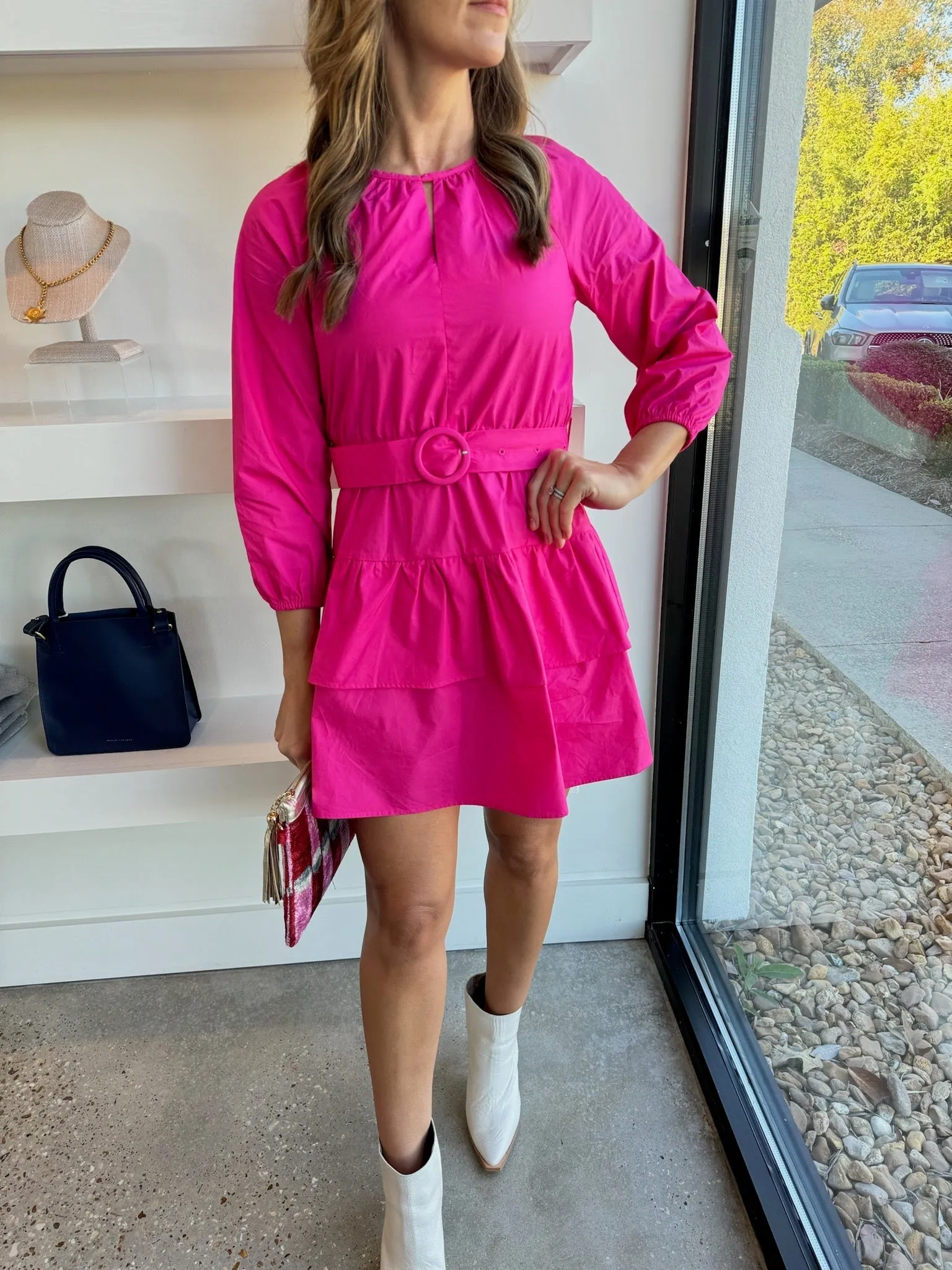 Fuchsia Trina Poplin Belted Mini Dress