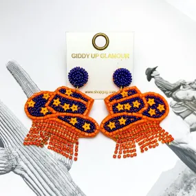 Gameday Beaded Cowboy Hat Earrings with Orange Crystal Fringe in Orange and Navy