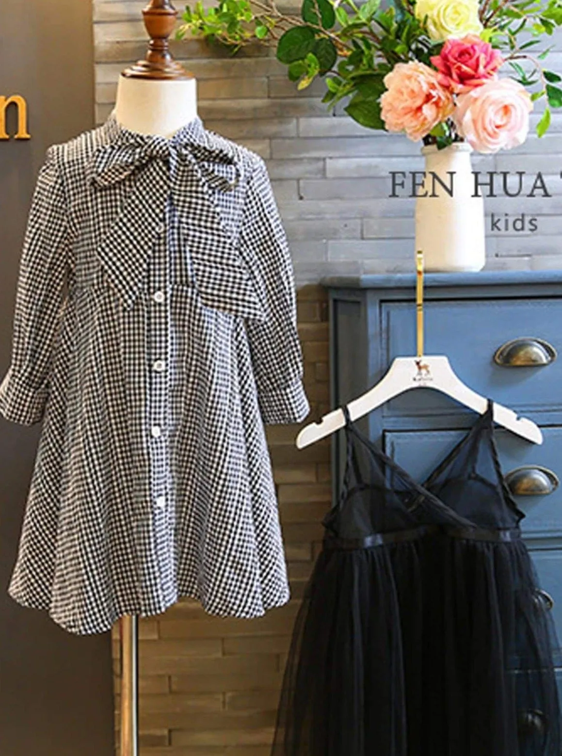 Girls Black Gingham Preppy Dress with Mesh Dress Set