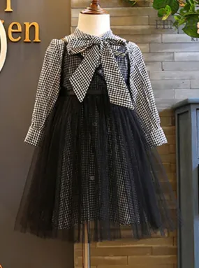 Girls Black Gingham Preppy Dress with Mesh Dress Set